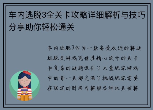 车内逃脱3全关卡攻略详细解析与技巧分享助你轻松通关